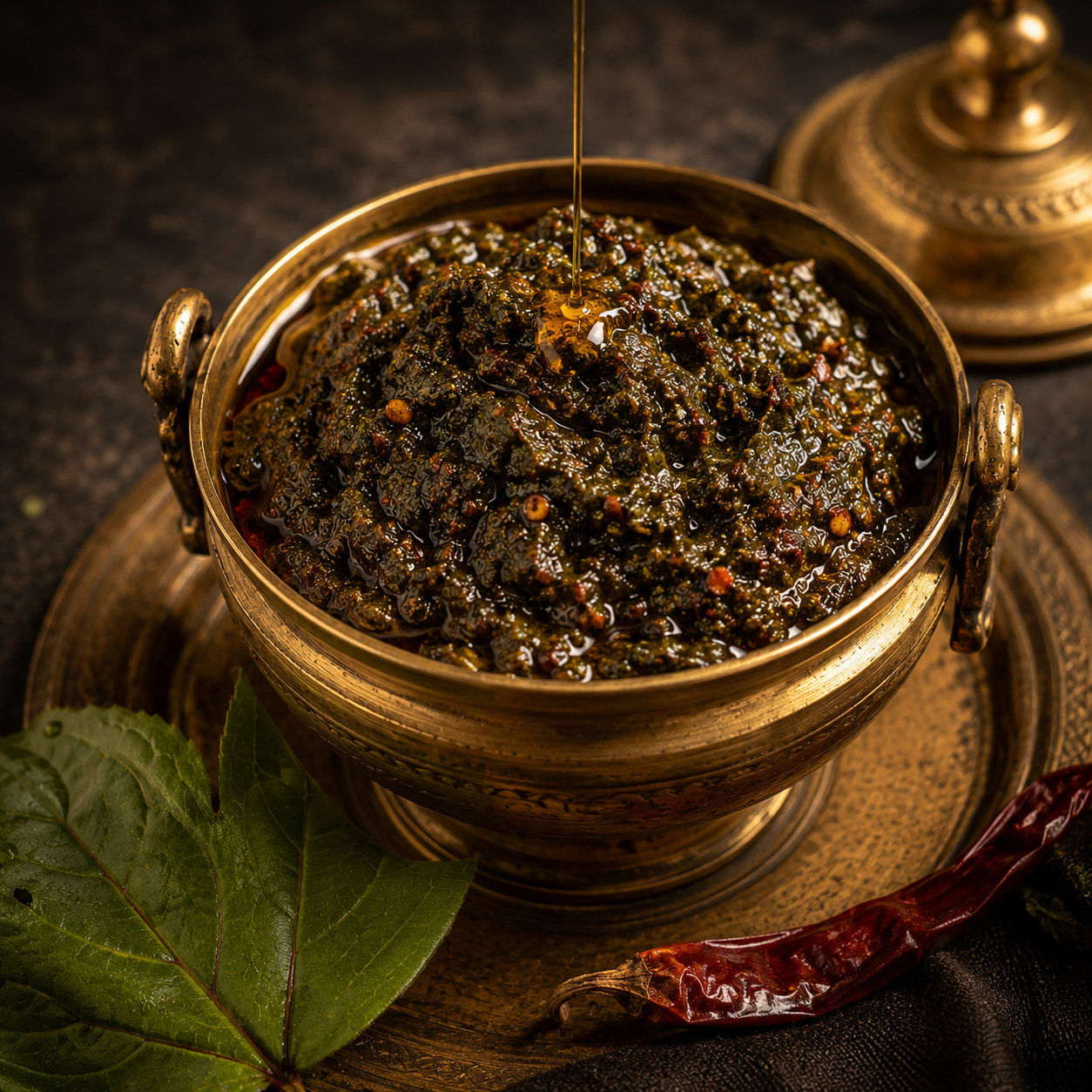 Gongura pickle in antique brass bowl with glossy red oil — Royalseema Pickles